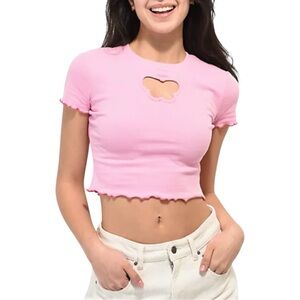Alab Pink Butterfly Cutout Crop Top Size Small Lettuce Hem